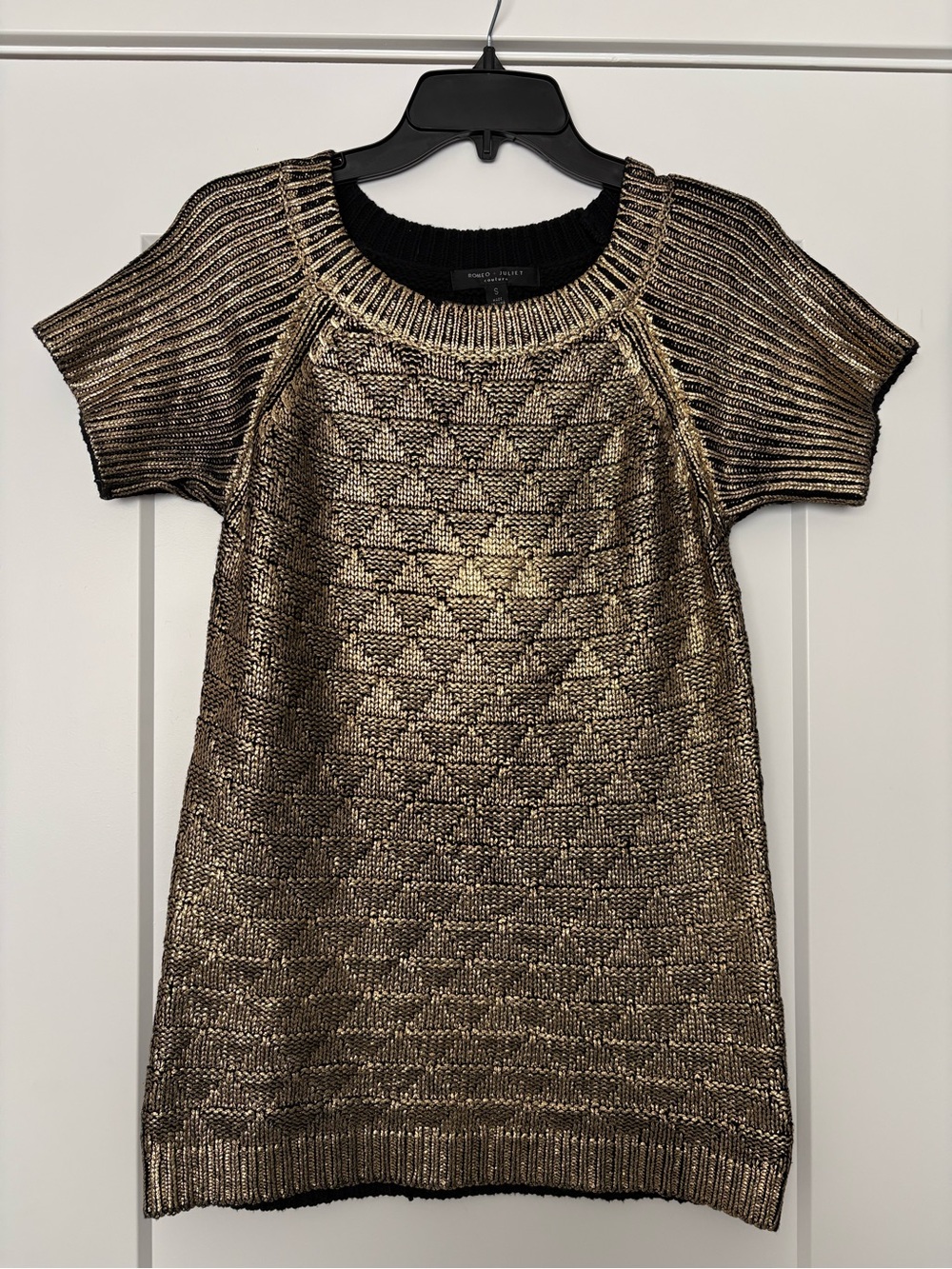 Grunge Y2K Indie Metallic Knit Tunic Top Gold Black Short Sleeve Size S